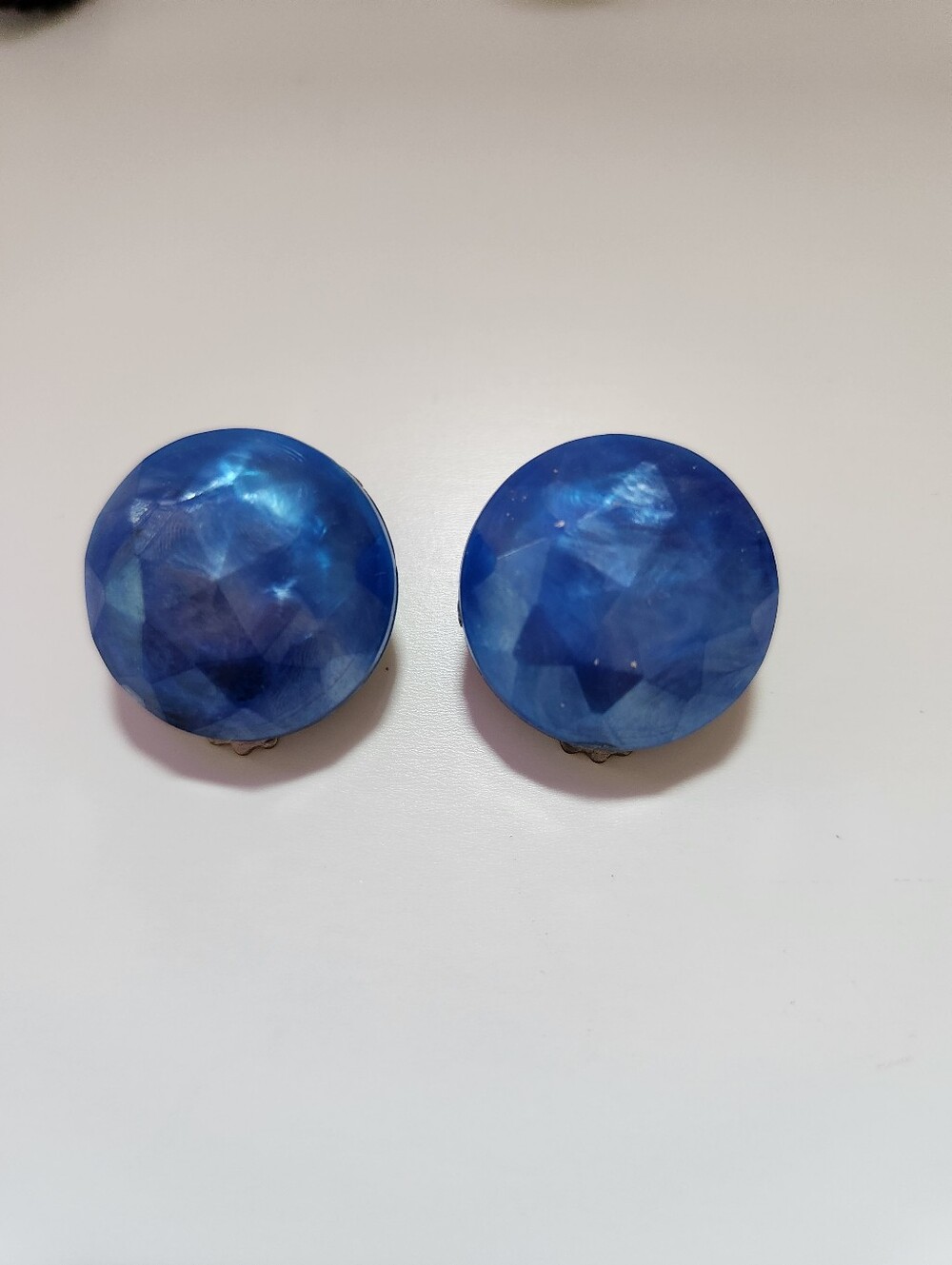 Vintage Blue Faceted Clip On Earrings Round Statement Retro